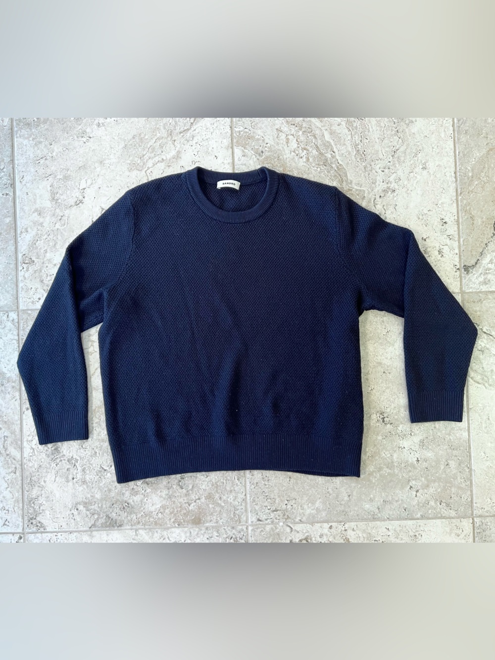 Sandro Fine Knit Textured Wool Blend Crew Neck Sweater in Navy Blue, sz EU 44/XS